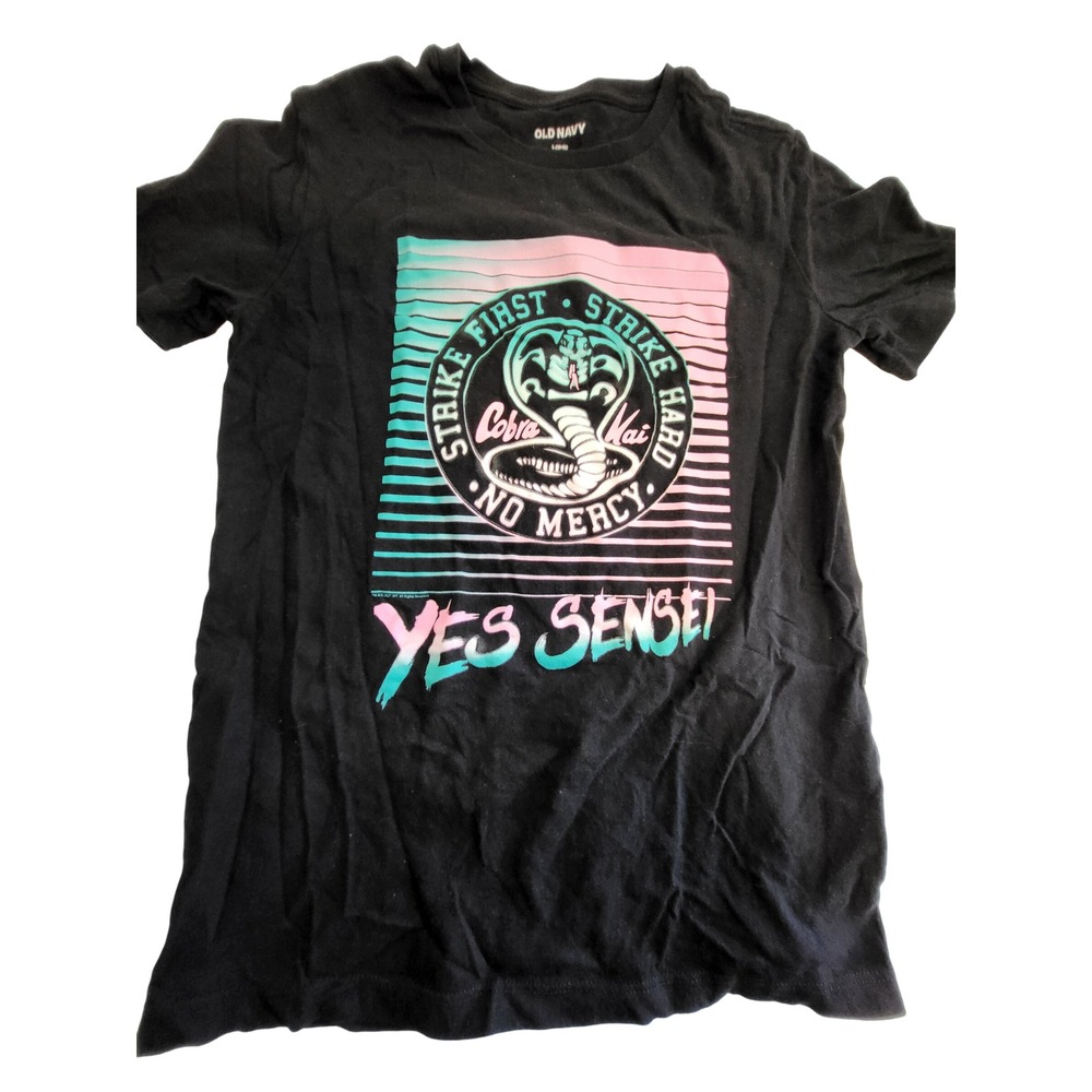 Old Navy Cobra Kai Graphic Tee Kids Large 10-12 Black Yes Sensei Neon Shirt